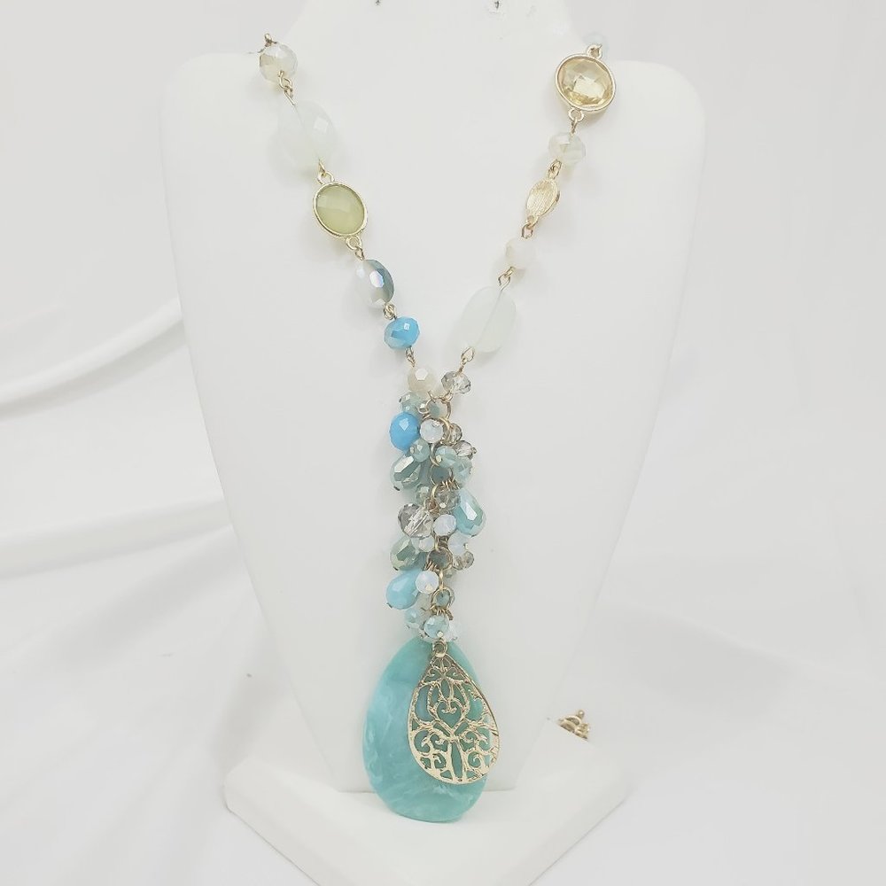 Faux Turquoise Marble Pendant Beaded Charm 28" Gold Tone Chain Necklace JN1269